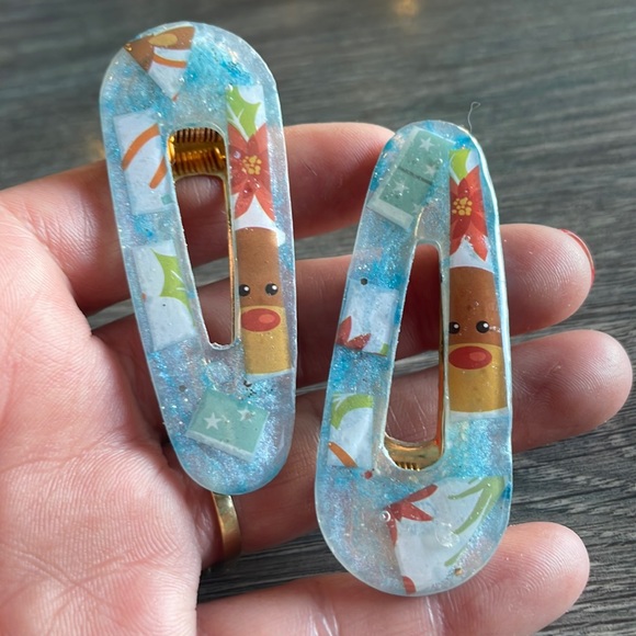 XMAS Handmade Festive Holiday 2 set Alligator Hair Clips Blue Rudolph - Picture 8 of 11